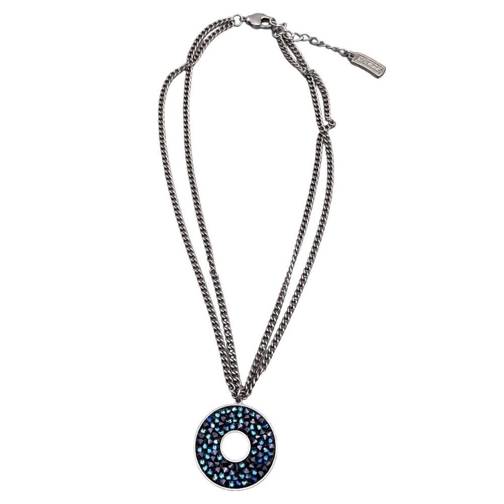 B-JWLD Israel Swarovski Blue Crystals Disc Pendant Double Chain Necklace